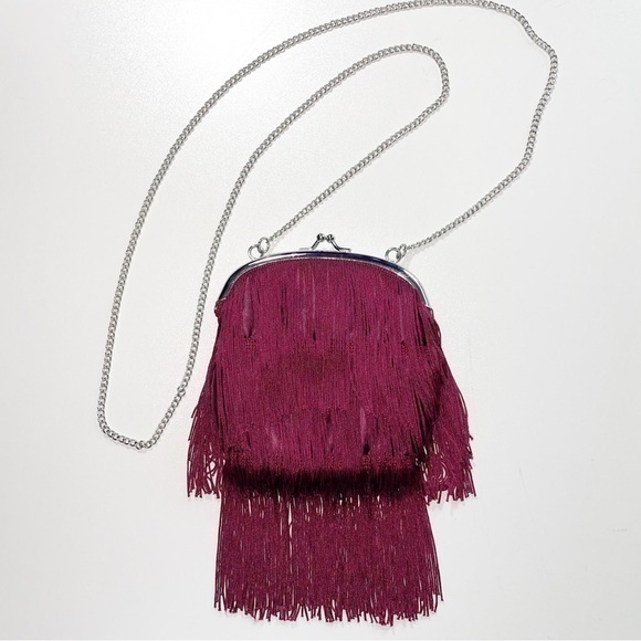 H&M Maroon Burgundy Fringe Mini Evening Bag - Picture 1 of 5